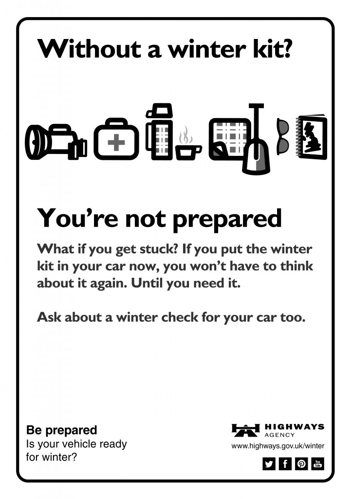 Highways Agency poster suggesting contents for a winter kit to be carried in your vehicle