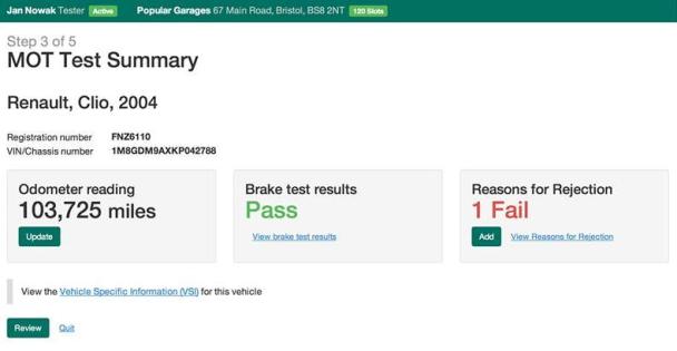 Screenshot showing MOT test summary with odometer reading and items that passed and were rejected