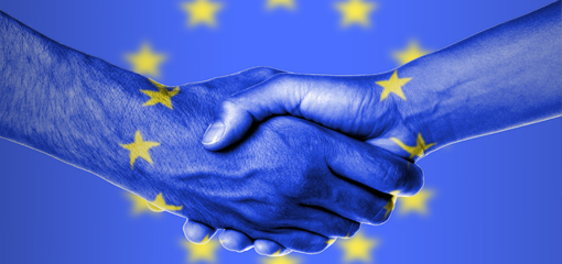 two hands claped with overlay of the EU flag - blue background and the gold stars