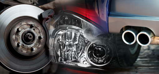 composite picture, brake disc, headlight and exhaust pipe