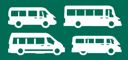 Outline of four mini buses on turquoise background