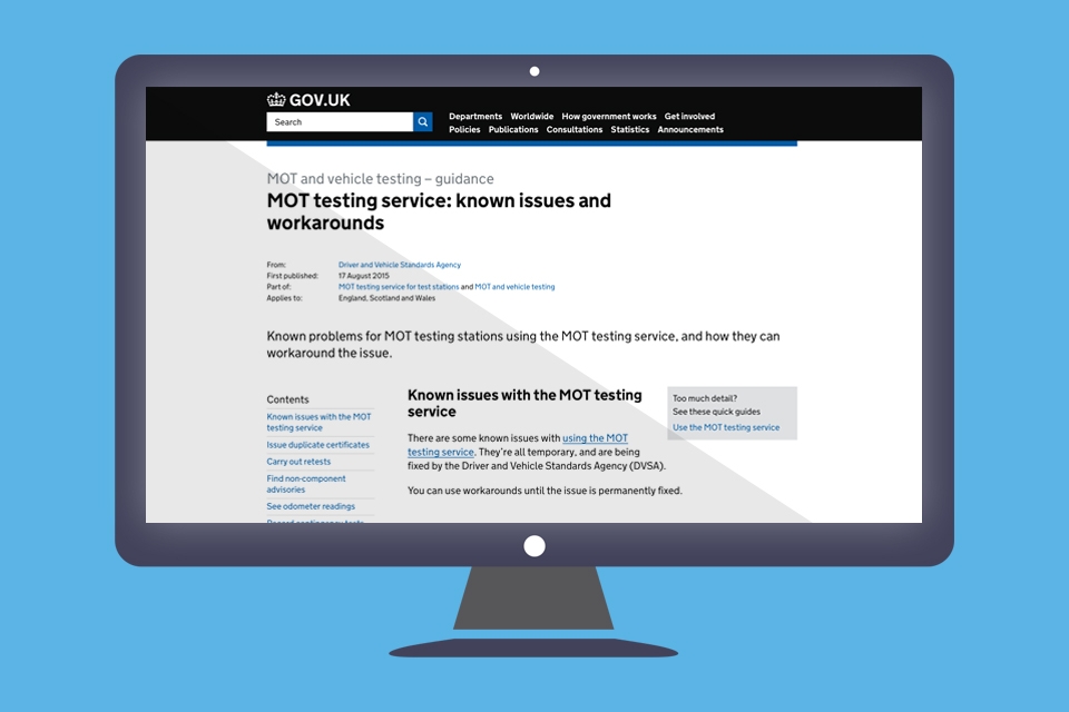 Screen showing MOT testing service known issues and workarounds