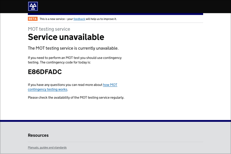 MOT service unavailable screen shot