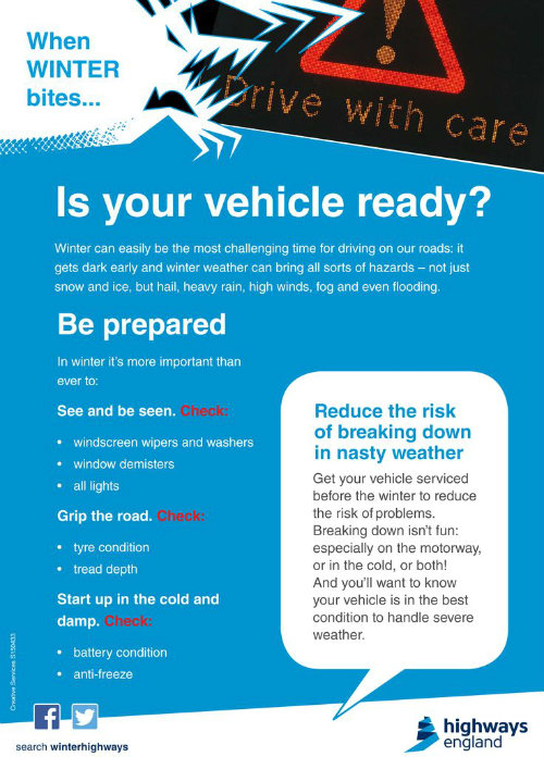 vehicle ready info sheet detailing what to do to make your vehicle ready for bad weather including being prepared and checking