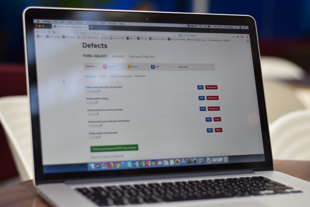 MOT testing screen showing defects