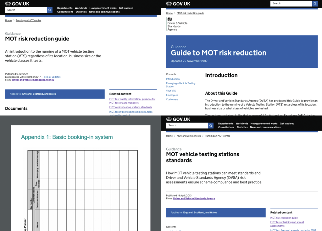 screenshots of 3 web pages and one PDF document that used to be published about managing an MOT centre