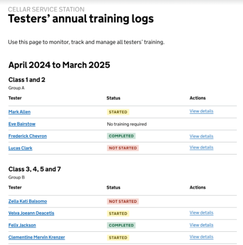 GOV UK page showing a testers annual training log.