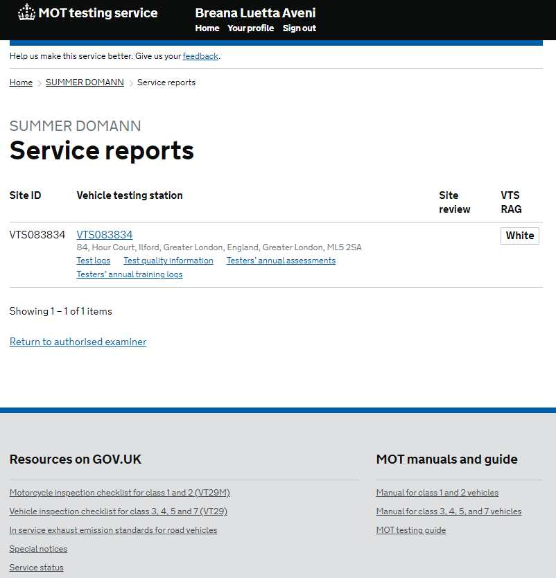 GOV UK page showing the service reports.