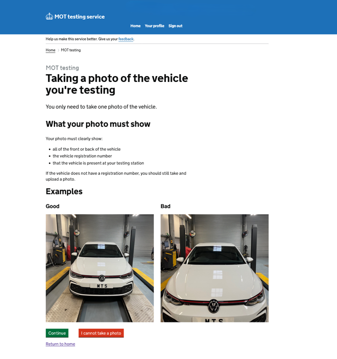 Image showing a page of the GOV.UK web page explaining how to take a photo in the test lane. Good and bad photos are shown so MOT testers know how to take them.
